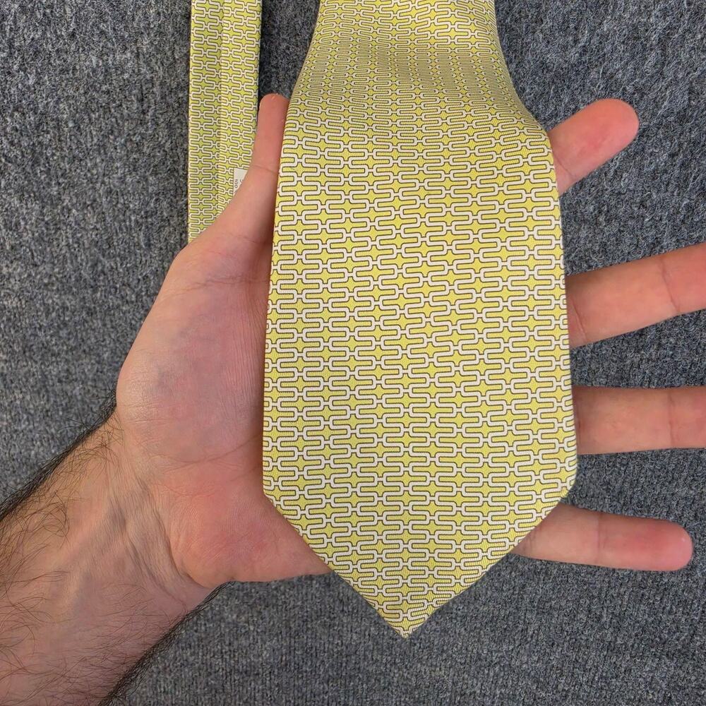 Hermes Paris Tie Mens Yellow Silk Geometric Pattern Office Work Luxury France